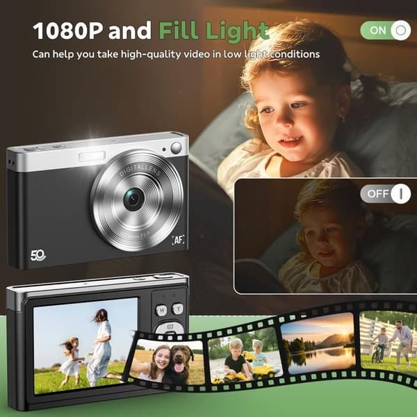 JEEMAK Kompakt Digitalkamera 1080P Videokamera 50MP, 2.8" LCD-skärm, 16X Zoom, Kamera för Barn och Tonåringar, Svart