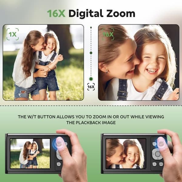 JEEMAK Kompakt Digitalkamera 1080P Videokamera 50MP, 2.8" LCD-skärm, 16X Zoom, Kamera för Barn och Tonåringar, Svart