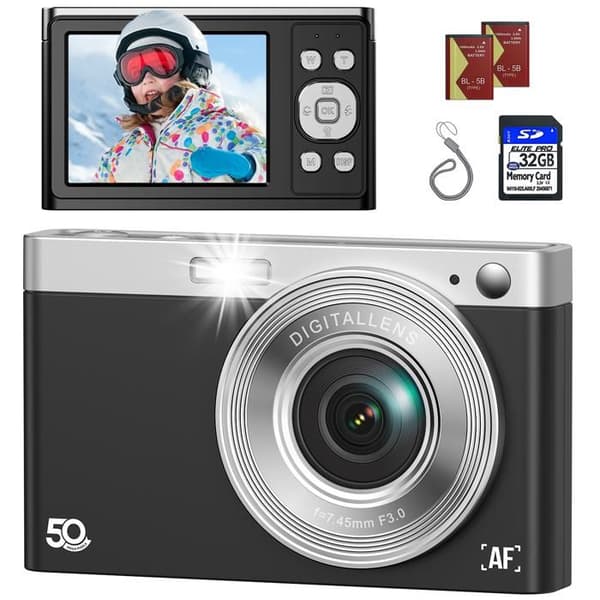 JEEMAK Kompakt Digitalkamera 1080P Videokamera 50MP, 2.8" LCD-skärm, 16X Zoom, Kamera för Barn och Tonåringar, Svart