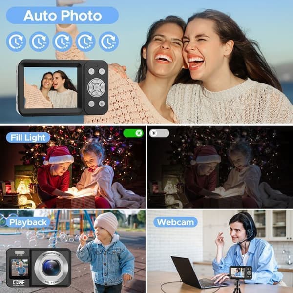 Kompakt Digitalkamera med Dubbelskärm, 4K 64MP Videokamera, Selfie, Autofokus, 18X Zoom för barn, nybörjare - Svart