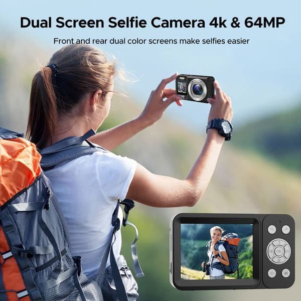 Kompakt Digitalkamera med Dubbelskärm, 4K 64MP Videokamera, Selfie, Autofokus, 18X Zoom för barn, nybörjare - Svart