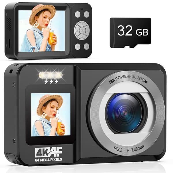 Kompakt Digitalkamera med Dubbelskärm, 4K 64MP Videokamera, Selfie, Autofokus, 18X Zoom för barn, nybörjare - Svart