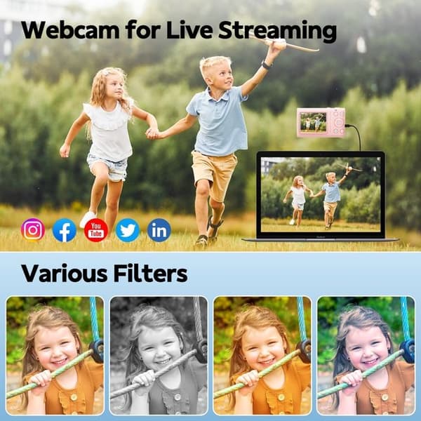 Kompakt Digitalkamera Videokamera 4K 64MP - 2,4" LCD-skärm - Zoom 18X - Kamera för barn, tonåringar - Rosa