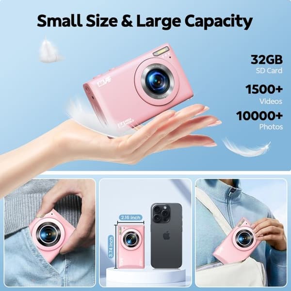 Kompakt Digitalkamera Videokamera 4K 64MP - 2,4" LCD-skärm - Zoom 18X - Kamera för barn, tonåringar - Rosa