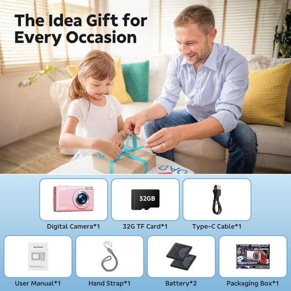 Kompakt Digitalkamera Videokamera 4K 64MP - 2,4" LCD-skärm - Zoom 18X - Kamera för barn, tonåringar - Rosa
