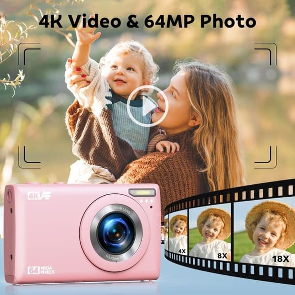 Kompakt Digitalkamera Videokamera 4K 64MP - 2,4" LCD-skärm - Zoom 18X - Kamera för barn, tonåringar - Rosa