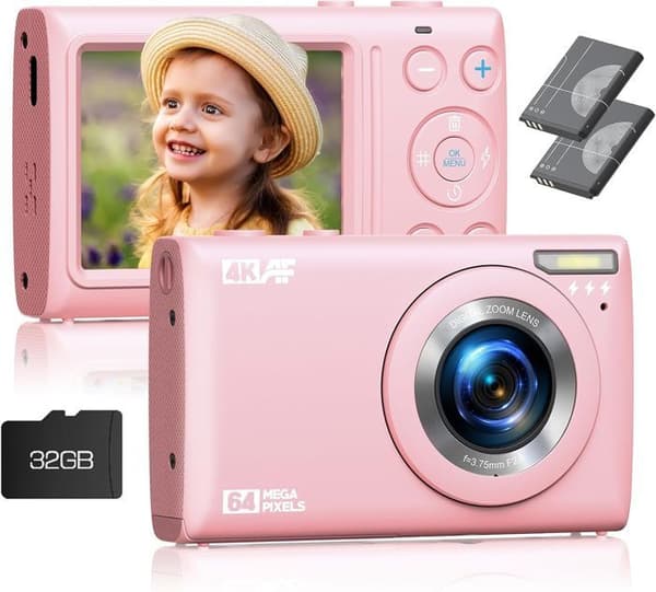 Kompakt Digitalkamera Videokamera 4K 64MP - 2,4" LCD-skärm - Zoom 18X - Kamera för barn, tonåringar - Rosa