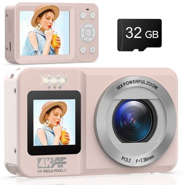Kompakt digital kamera med dubbelskärm, 4K 64MP videokamera, selfie, autofokus, 18X zoom för barn, nybörjare - Rose
