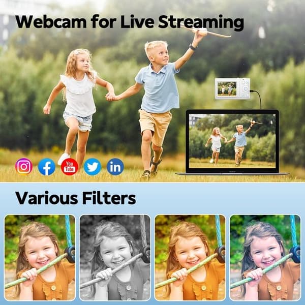 Kompakt digitalkamera 4K 64MP videokamera - 2,4" LCD-skärm - 18X zoom - Kamera för barn, tonåringar - Vit