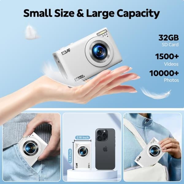 Kompakt digitalkamera 4K 64MP videokamera - 2,4" LCD-skärm - 18X zoom - Kamera för barn, tonåringar - Vit
