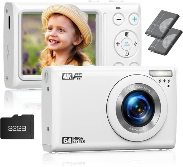 Kompakt digitalkamera 4K 64MP videokamera - 2,4" LCD-skärm - 18X zoom - Kamera för barn, tonåringar - Vit