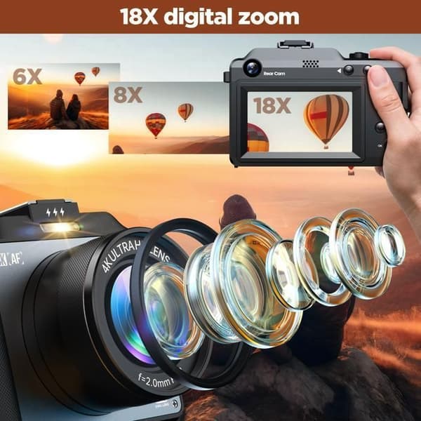 JEEMAK Digitalkamera Videokamera 4K 64MP Dubbelobjektiv Autofokus 3" LCD-skärm 18X Zoom för nybörjare