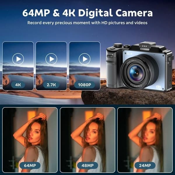 JEEMAK Digitalkamera Videokamera 4K 64MP Dubbelobjektiv Autofokus 3" LCD-skärm 18X Zoom för nybörjare