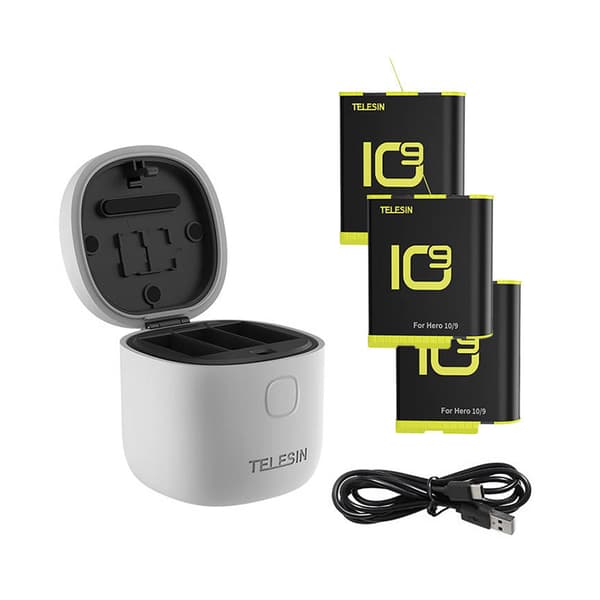 Telesin Ladestasjon med 3 Batterier for GoPro Hero 9/10 – IP54 og Kortleser