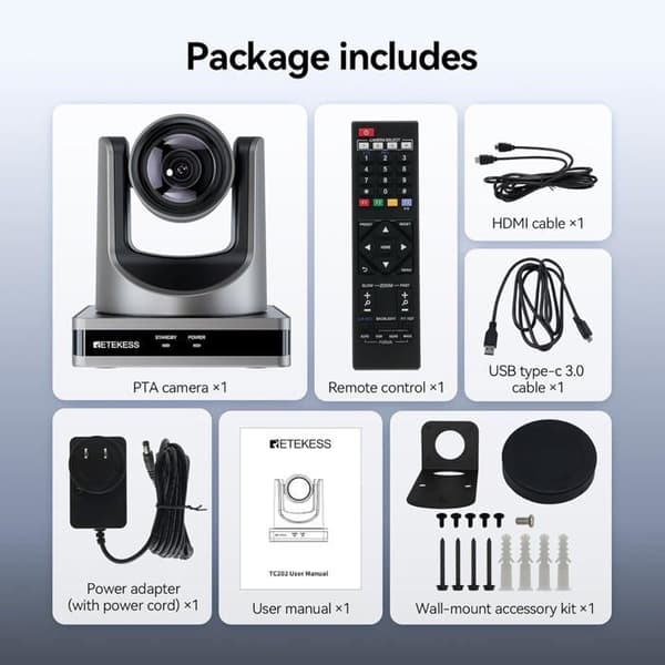 Retekess TC202 1080p PTZ-kamera, Videokamera, Hybridzoom, 12x optisk, 16x digital, AI automatiskt spårning, för konferenser