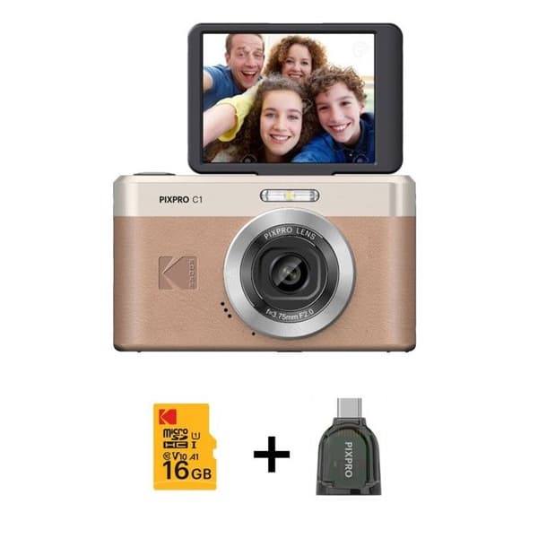 Kodak Pixpro C1 – Ultra-kompakt Digitalkamera, 13MP, 4X Zoom, 2.8" LCD-skärm, LED-blixt, Inbyggt batteri – Beige Brun
