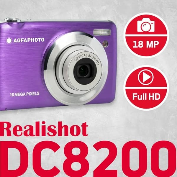AGFA PHOTO Realishot DC8200 - Kompakt digitalkamera 18MP, Full HD-video, LCD 2.7'', 8X zoom, 16GB SD-kort - Lila