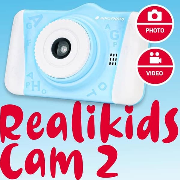 AGFA PHOTO Realikids Cam 2 - Barnkamera, Foto, Video, Selfie, LCD-skärm 3,5'', Foto-filter, Litiumbatteri - Blå
