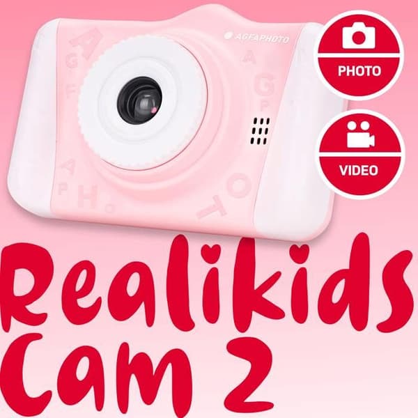 AGFA PHOTO Realikids Cam 2 - Barnkamera, Foto, Video, Selfie, LCD-skärm 3.5'', Fotofilter, Litiumbatteri - Rosa