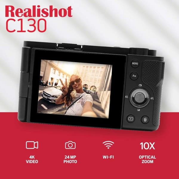 AGFAPHOTO Realishot C130 - Kompakt Digitalkamera, Bländare f/1.8-2.6, ISO 100-3200, Autofokus, LCD-skärm - Svart