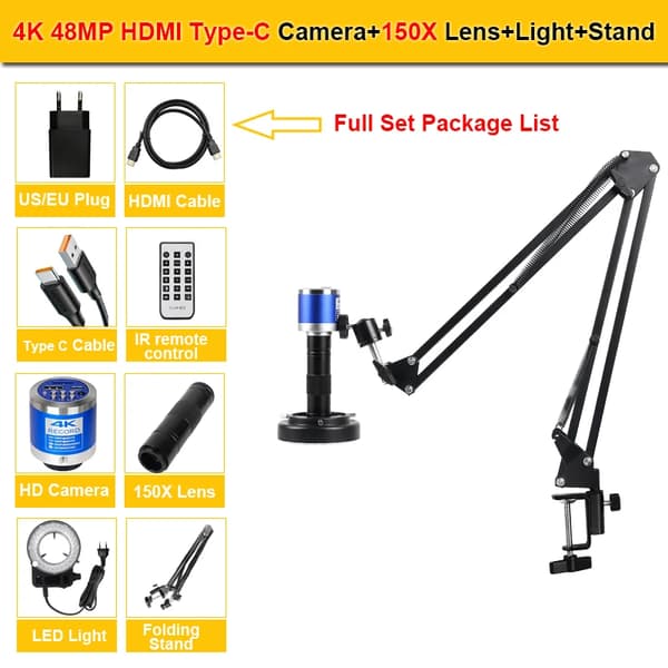 Digitaalinen mikroskooppi, 150X suurennuslasi, HDMI-ulostulo,Tyyppi C HDMI Täydellinen Setti