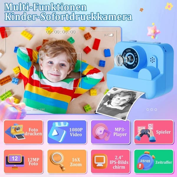 Lollanda Kids -kamera 2,4 tuuman HD-näytöllä, 1080P, musteton suoratulostus, suodattimet, värikynät, turvallinen, luova 3-12 vuoden ajan
