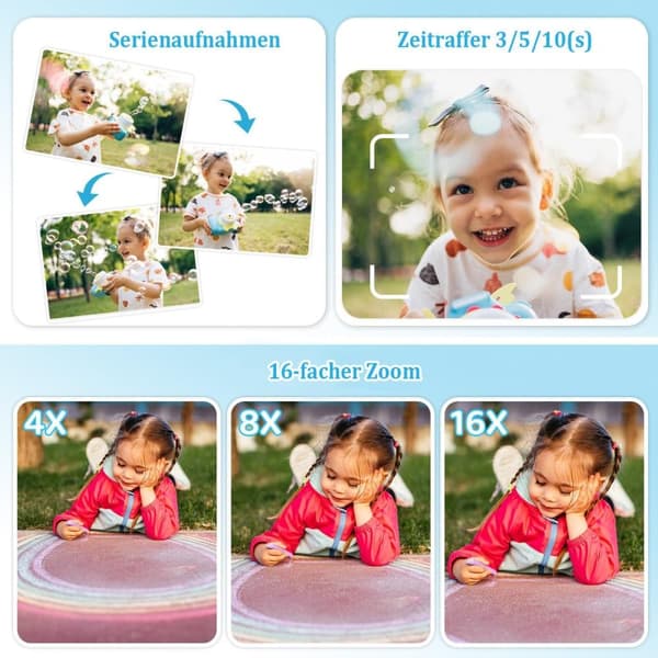 Lollanda Kids -kamera 2,4 tuuman HD-näytöllä, 1080P, musteton suoratulostus, suodattimet, värikynät, turvallinen, luova 3-12 vuoden ajan