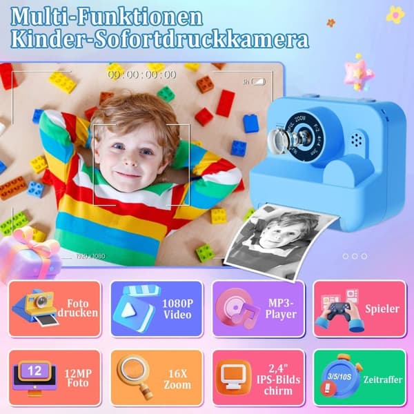 Lollanda Kids -kamera 2,4 tuuman HD-näytöllä, 1080P, musteton suoratulostus, suodattimet, värikynät, turvallinen, luova 3-12 vuoden ajan
