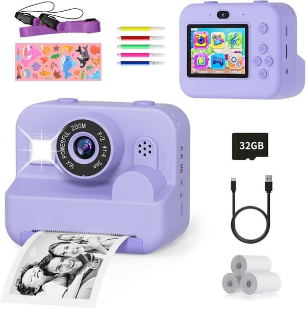Lollanda Barnkamera med 2.4" HD-Skärm, 1080P, Bläckfri Direktutskrift, Filter, Färgpennor, Säker, Kreativ för 3-12 År Lila