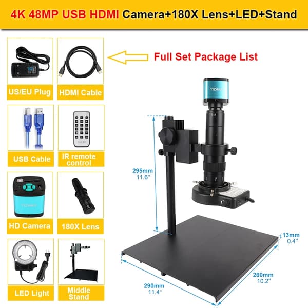 Digital Video Mikroskop Kamera, 1080P HDMI-udgang, Justerbare Eksponeringsindstillinger,180X Linse MidterBase