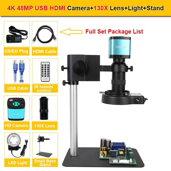 Digital Video Mikroskopkamera, 1080P HDMI-utgång, Justerbara exponeringsinställningar,130X Lins Liten Bas