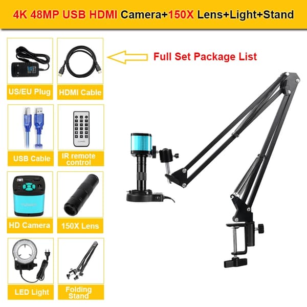 Digital Video Mikroskop Kamera, 1080P HDMI-udgang, Justerbare Eksponeringsindstillinger,150X Linse Fold Base