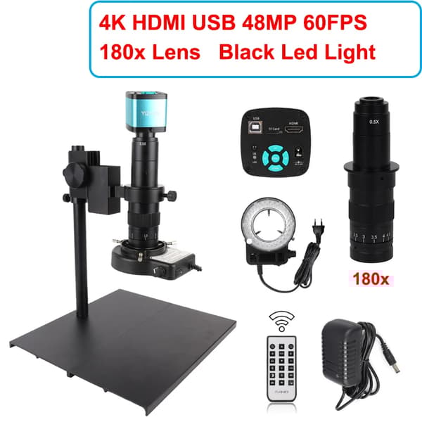 48MP 4K HDMI USB Digitalt Mikroskop, 60FPS, 180X Linse med LED-lys,180x Længde Mellem Base