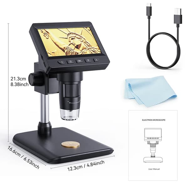 Digitalmikroskop, 4,3-tums LCD, 8 justerbara LED-lampor,Svart