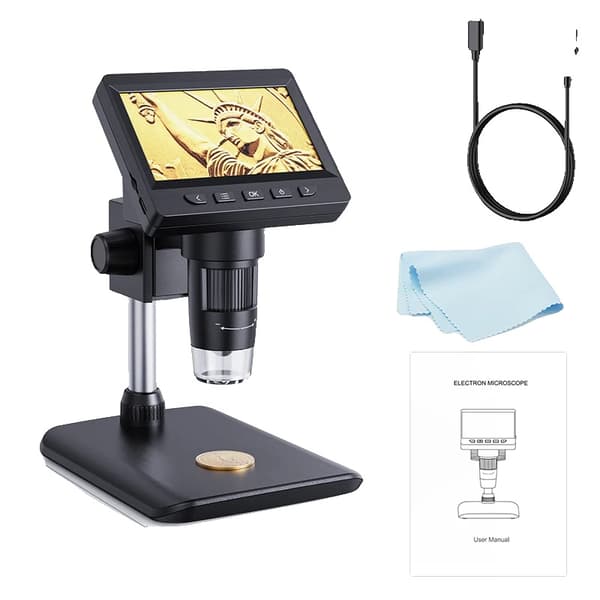 Digitalmikroskop, 4,3-tums LCD, 8 justerbara LED-lampor,Svart
