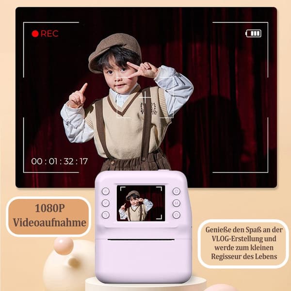 Lollanda 1080P digitalkamera til børn – direkte udskrivning, med 32 GB hukommelseskort og fotopapir, lang batterilevetid, bærbar og nem at bruge