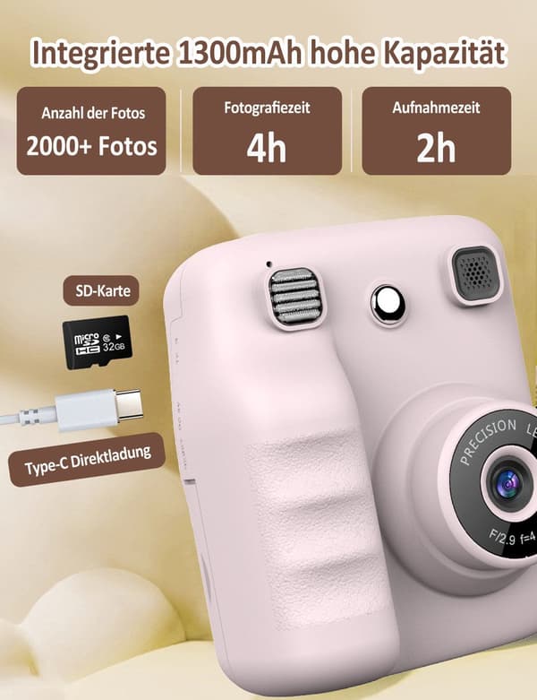 Lollanda 1080P digitalkamera til børn – direkte udskrivning, med 32 GB hukommelseskort og fotopapir, lang batterilevetid, bærbar og nem at bruge