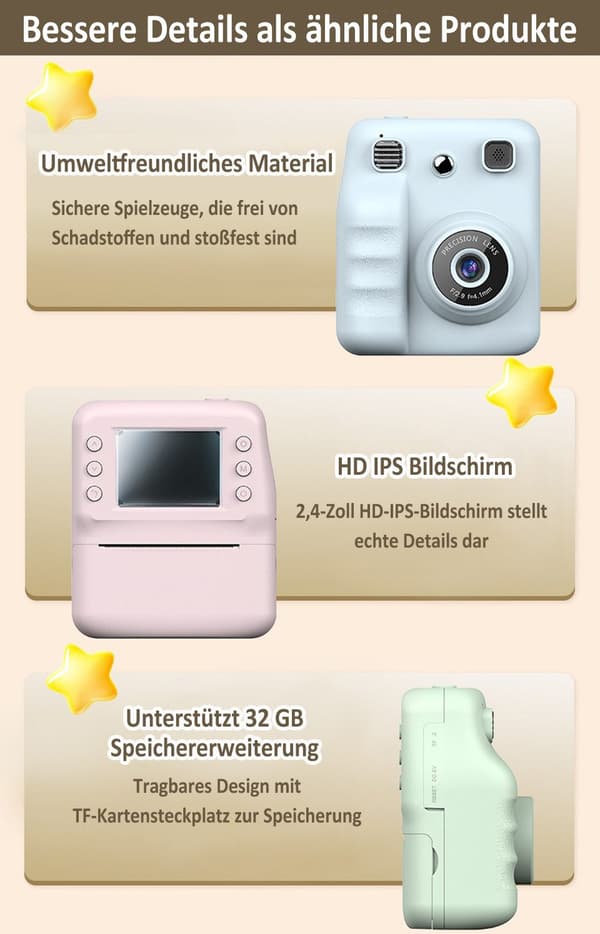 Lollanda 1080P digitalkamera til børn – direkte udskrivning, med 32 GB hukommelseskort og fotopapir, lang batterilevetid, bærbar og nem at bruge
