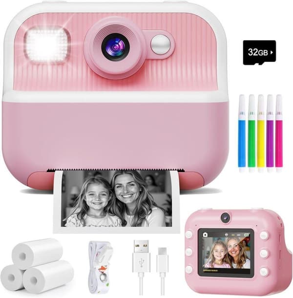 Lollanda Digitalkamera 48 MP, Børnekamera, Dobbelt Kamera, 1080p FHD, Direkte Udskrivning, Videooptagelse, Robust, Kreativ, For Børn, Rejser & Gaver Pink