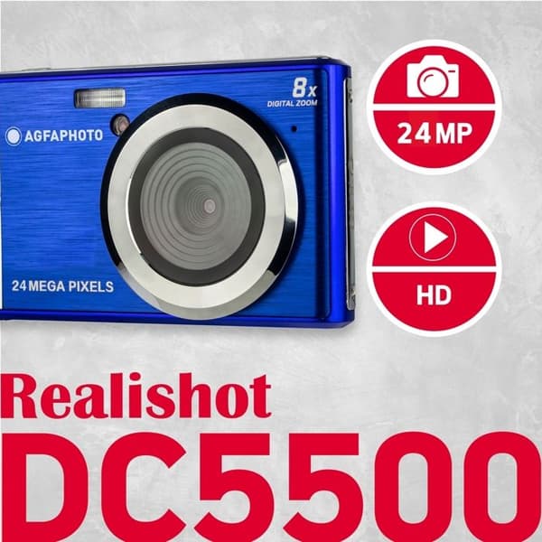 AGFA PHOTO Realishot DC5500 - Kompakt digitalkamera, 24 MP, 2,4-tums LCD, 8x digital zoom, Litiumbatteri - Blå