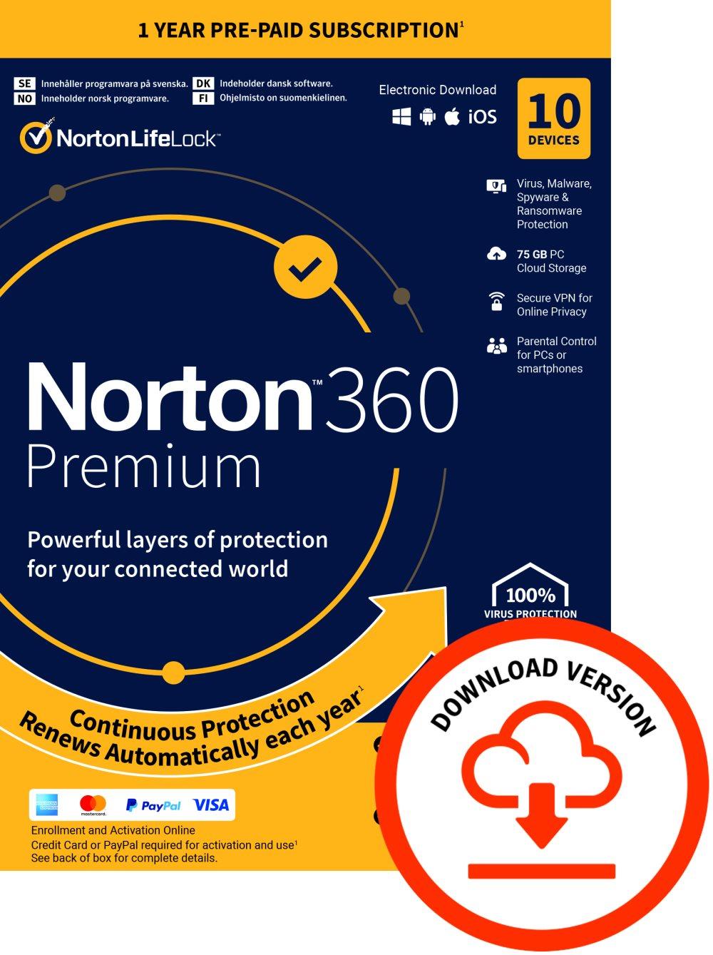 NORTON 360 PREMIUM ND 75GB ND 1 USER 10 DEVICE EXERTIS CDON