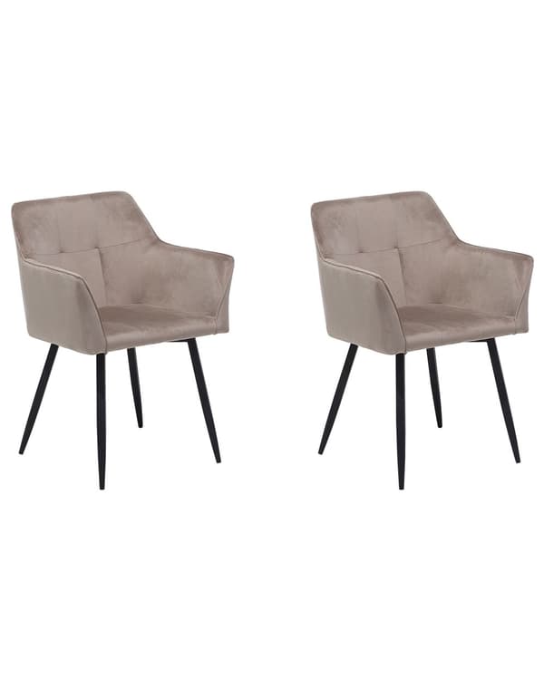 Sæt med 2 Spisestuestole Taupe Beige Velour Sæde med Armlæn Sorte Metalben