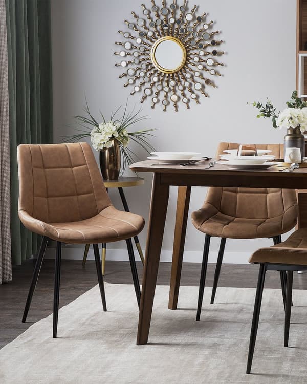 Sæt med 2 Spisestuestole Gyldenbrun Imiteret Læder Sorte Ben Moderne Minimalistisk Stil