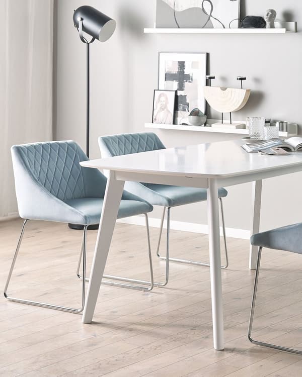 Spisebordsstole Lyseblå Velour Stof med Sølv Krom Metalben Sæt af 2 79 x 55 cm Quiltet Moderne klassisk Design Uden Armlæn Køkken Indretning