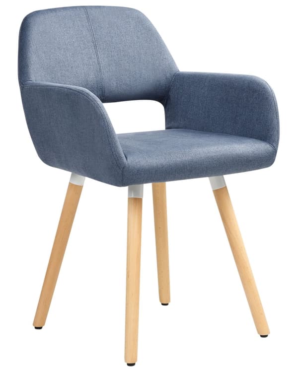 Spisebordsstole Blå Polstret med Lyst Træben 2 stk 81 x 56 x 44 cm Firkantet Spisestole med Armlæn til Køkken Design med Hul i Ryglæn Moderne