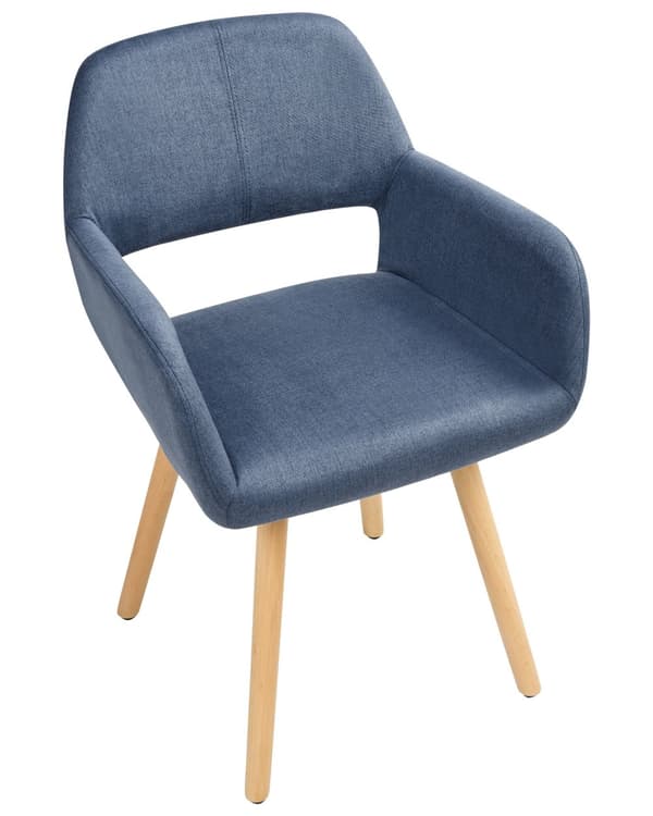 Spisebordsstole Blå Polstret med Lyst Træben 2 stk 81 x 56 x 44 cm Firkantet Spisestole med Armlæn til Køkken Design med Hul i Ryglæn Moderne