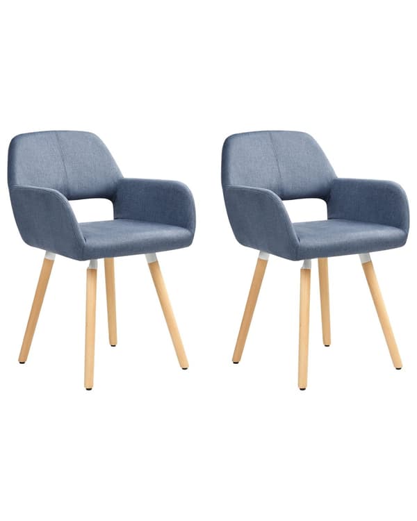 Spisebordsstole Blå Polstret med Lyst Træben 2 stk 81 x 56 x 44 cm Firkantet Spisestole med Armlæn til Køkken Design med Hul i Ryglæn Moderne