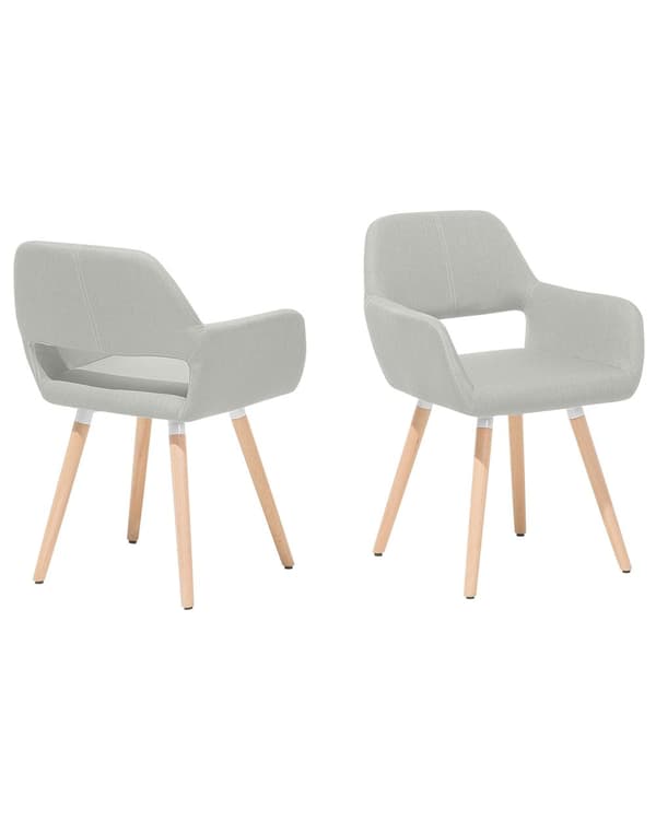 Spisebordsstole Grå Polstret med Lyst Træben 2 stk 81 x 56 x 44 cm Firkantet Spisestole med Armlæn til Køkken Design med Hul i Ryglæn Moderne