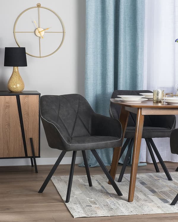 Spisebordsstole Grå Polyester Sorte Metalben Sæt 2 Stk Stof Polstrede Spisestole med Armlæn Quiltet Ryglæn Retro Rustik til Spisestue Køkken