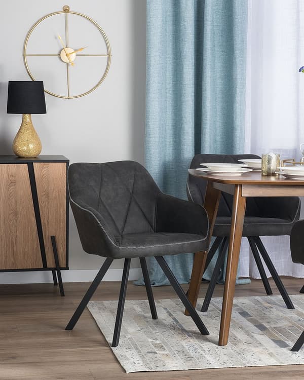 Set av 2 Middagsstolar Grå Tyg med Armstöd Rutigt Ryggstöd Svarta Metallben Retro